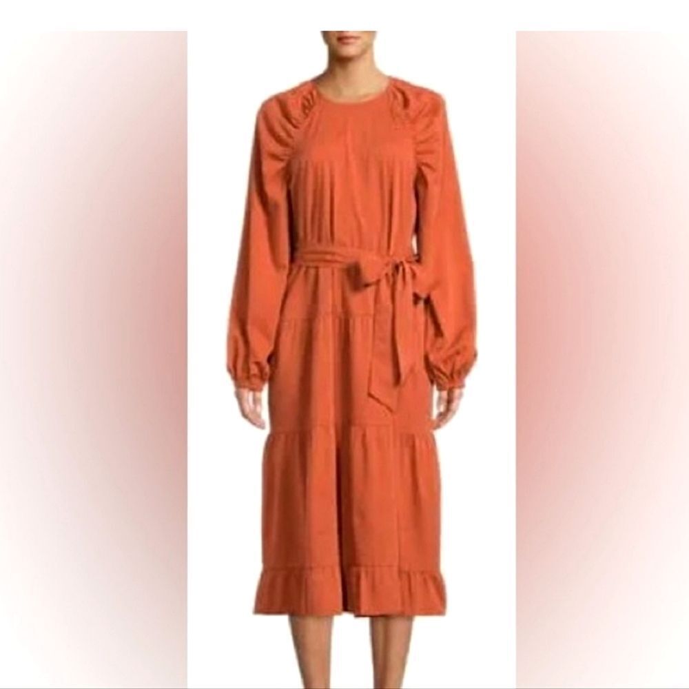 Long Sleeve Rust Tiered Midi Dress with Waist Tie